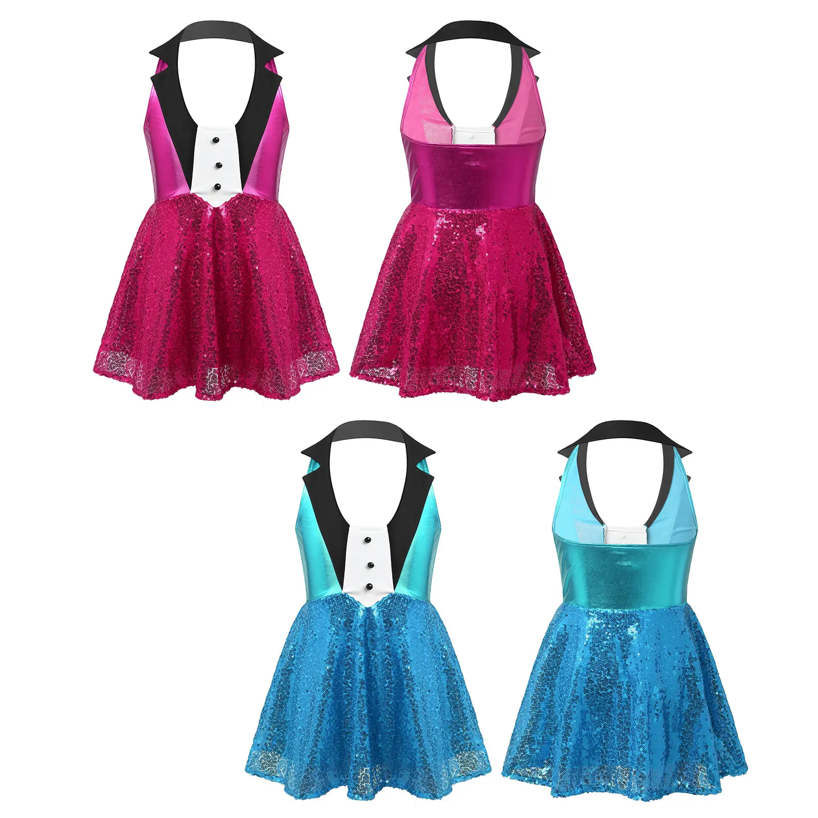 Kids Girls Metallic Halter Neck Shiny Ballet Hip Hop Latin Jazz Tap Modern Dance Dress Stage Performance Show Costumes