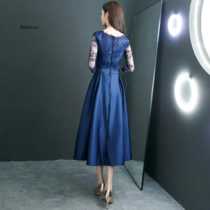 Navy Blue Womens Lace O-Neck Evening Party Dress Luxury Slim Wedding Gown Fashion Sexy Long Cheongsam Clothes Vestido