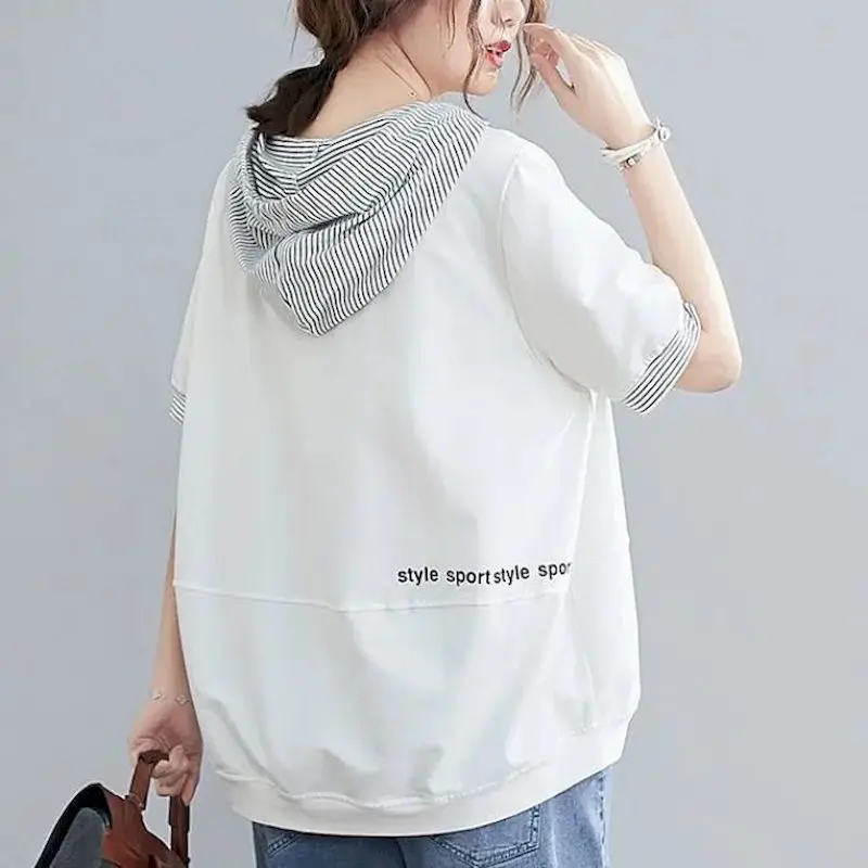 Womens Short-sleeved Hoodies Oversized Korean Loose T-shirt Literary Striped Drawstring Hooded Stitching Printed T-shirt Summer