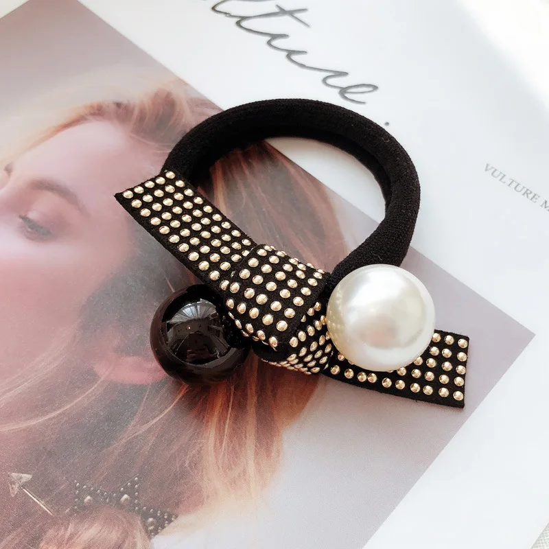 Retro light luxury black and white pearl head rope hair tie knotted Korea Dongdaemun rubber band ball hair rope hairaccessories