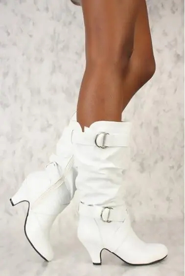 High Heels Boots Women Pu Knee High Boots Female Round Toe Buckle Shoes High Heels Shoes Autumn Winter 2019 New Black