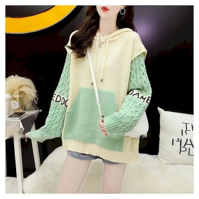 2024 New Autumn Winter All-match Hoodies Women Loose Fake Two-piece Stitching Knit Hoodie Fashion Casual Hooded Womens Clothes