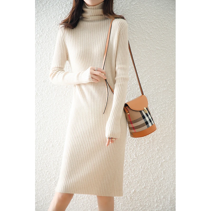 100% Pure Wool Knitted Sweaters Women Hot Sale Turtleneck Dresses Long Winter Warm Soft Woolen Knitwears Female Jumpers