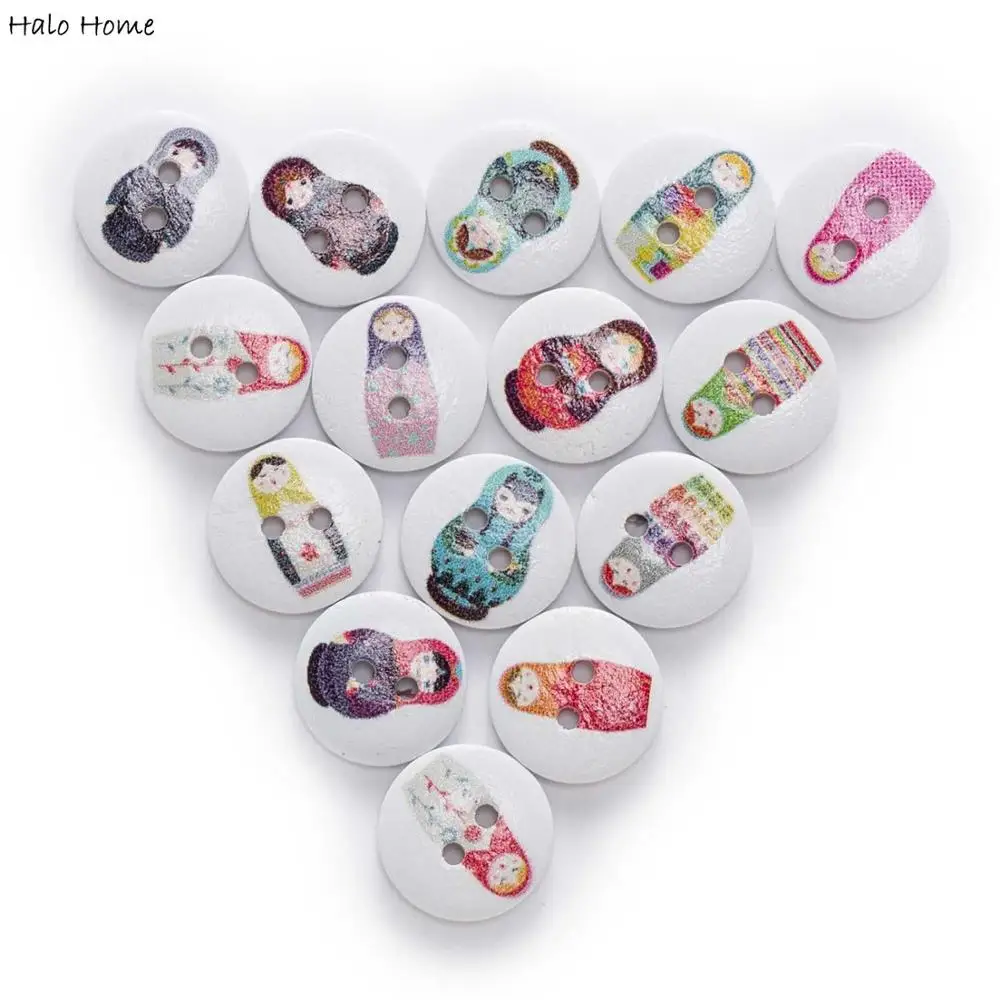 50pcs 15mm 2color Matryoshka Printing Round Wood Buttons Sewing Scrapbook Clothing Gifts Crafts Handwork Accessories