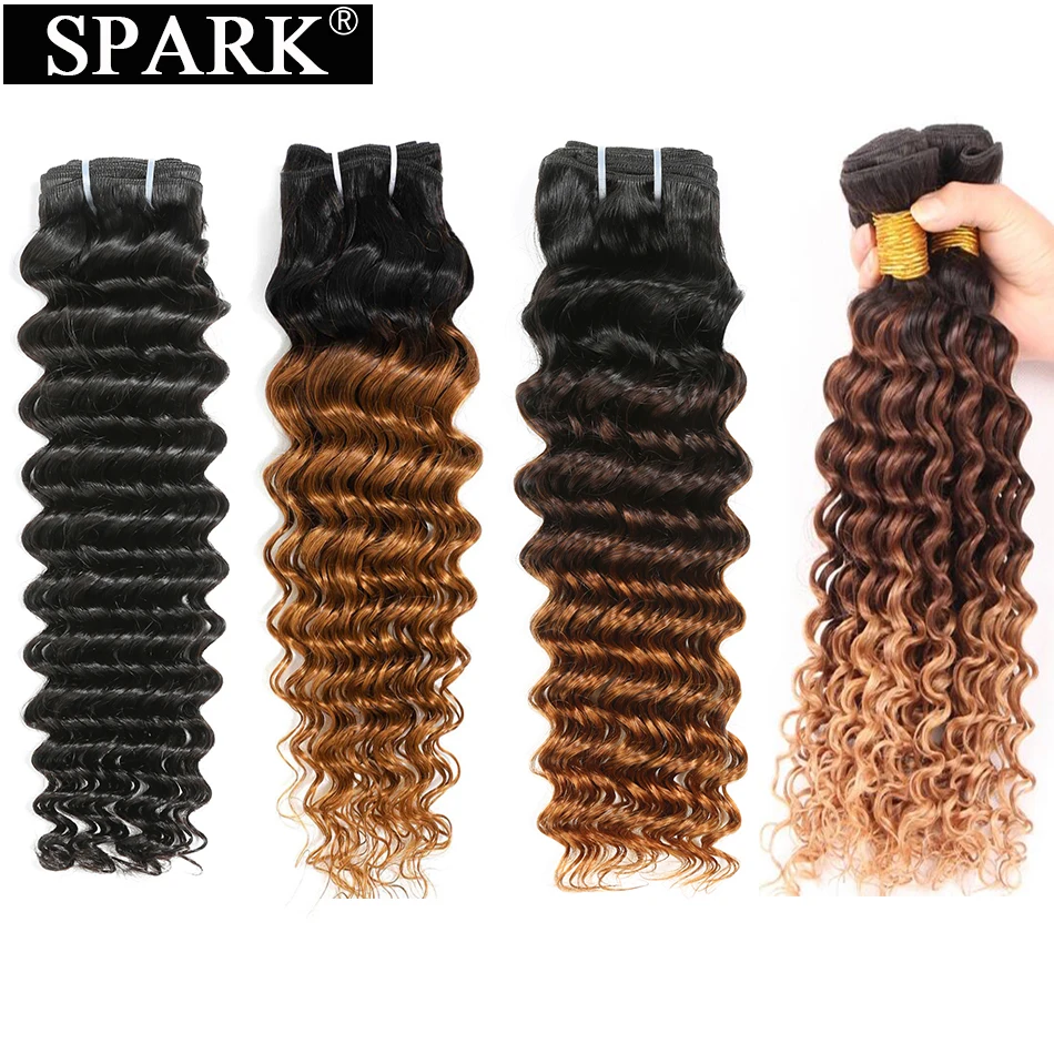 SPARK Ombre Brazilian Human Hair Weave Deep Wave Bundles With Closure Middle Part Remy Human Hair With Closure For Black Women