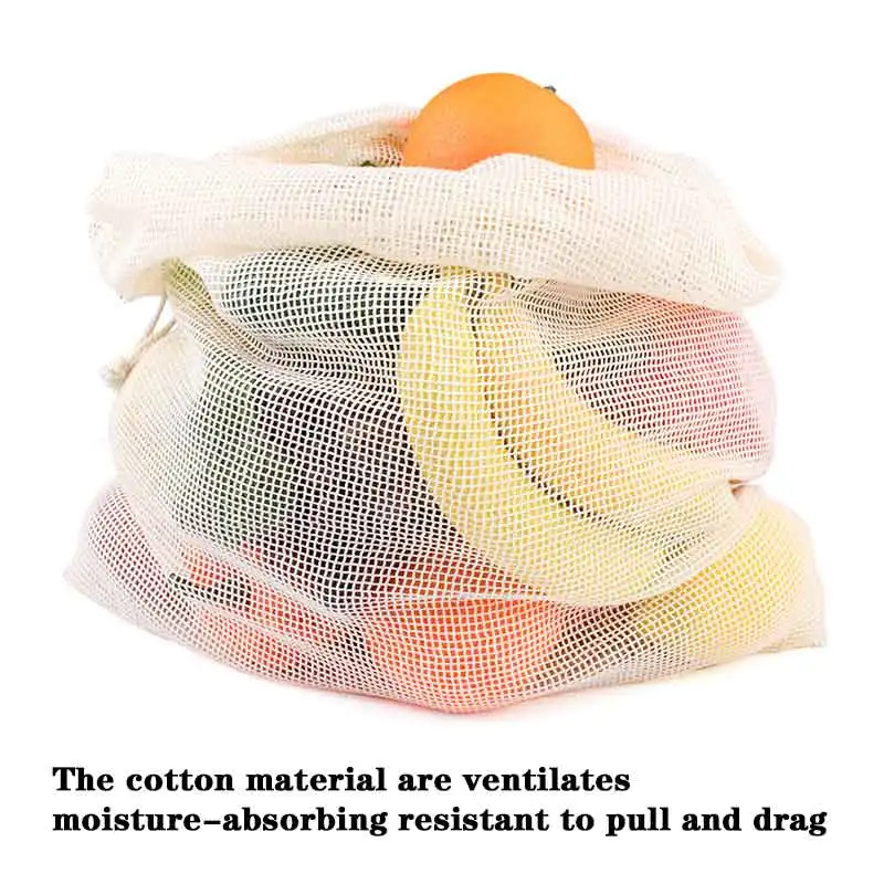 Reusable Cotton Vegetable Bags Wholesale Home Kitchen Fruit Vegetable Storage Mesh Bags With Drawstring Machine Washable