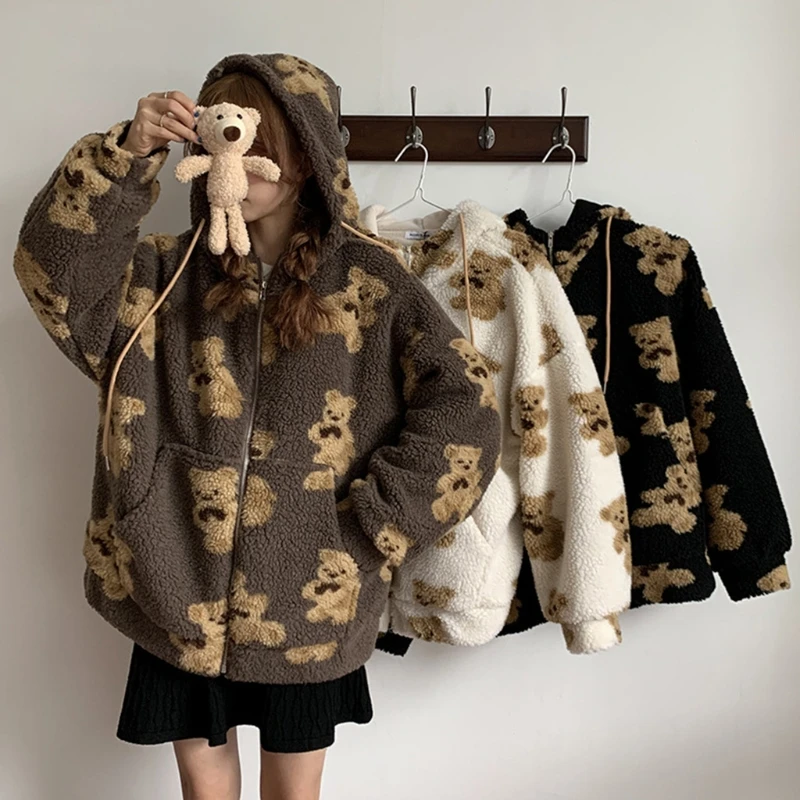 Women Hoodies Zipper Teddy Coat Harajuku Loose Kawaii Clothes Womens Korea Sweatshirt Oversized Hoodie Women