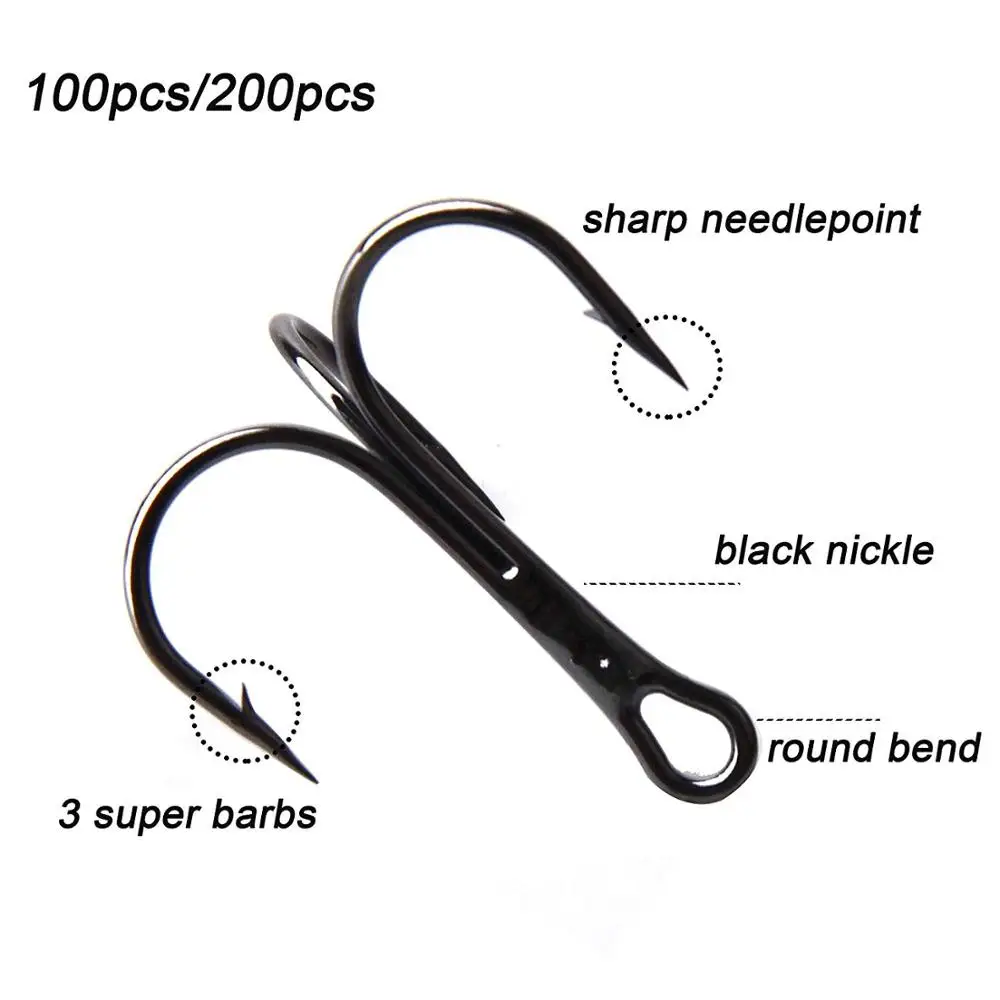 100pcs 35647 Strong Black Fishing Hooks Round Bend Treble Hooks Wide Gap High Carbon Steel Hooks