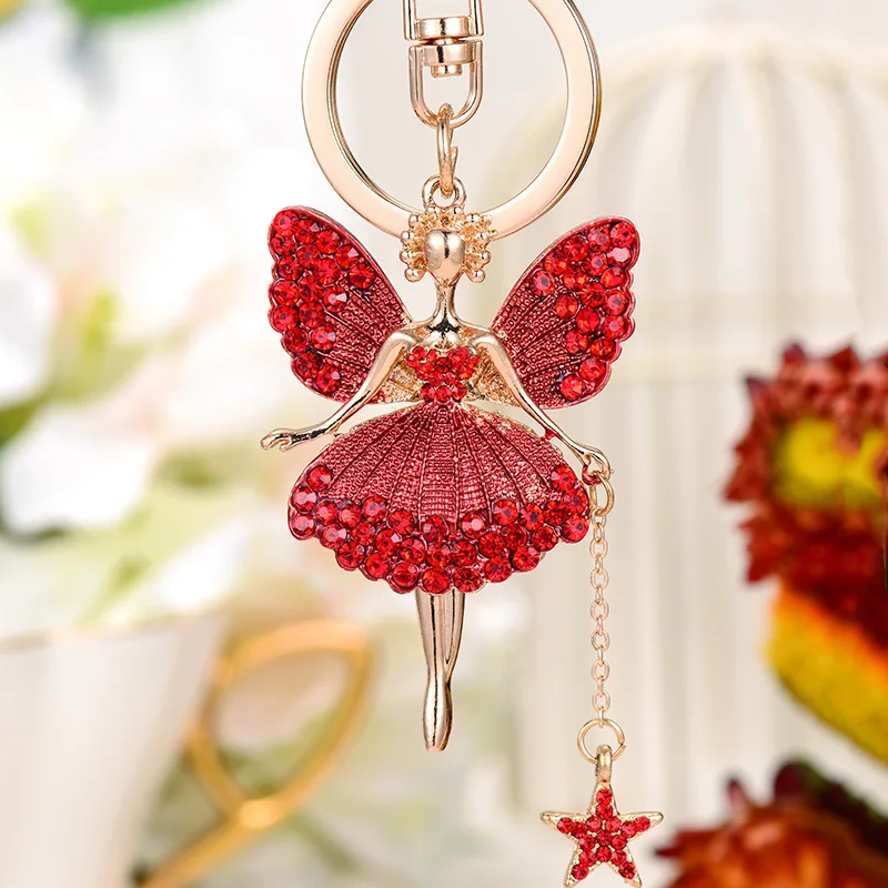 Fashion Little Angel Keychain Rhinestone Butterfly Fairy Keyring Trinket Women Bag Ornament Ballet Girl Car Pendant Jewelry