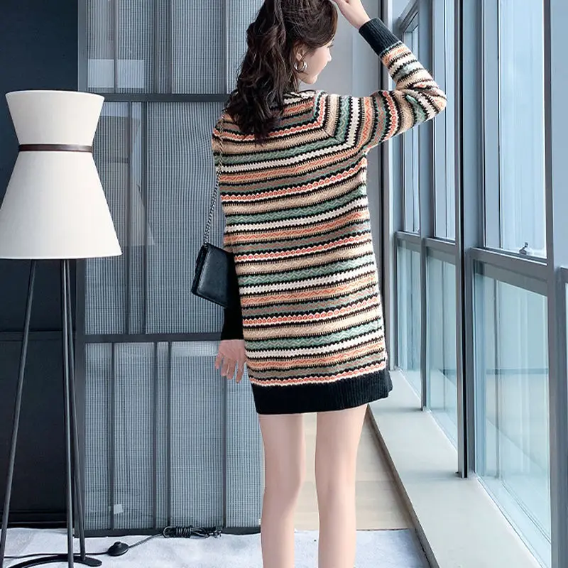 2021 Winter Fleece-Lined Padded Dress Women's Ethnic Style Half High Collar Base Skirt Female Striped Warm Knitted Sweater