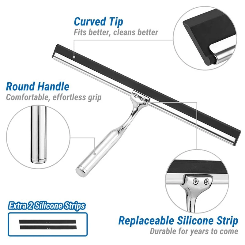 Stainless Steel Shower Wiper, Shower Squeegee without Drilling, Window Puller, Wall Hanger, 2 Silicone, 31cm