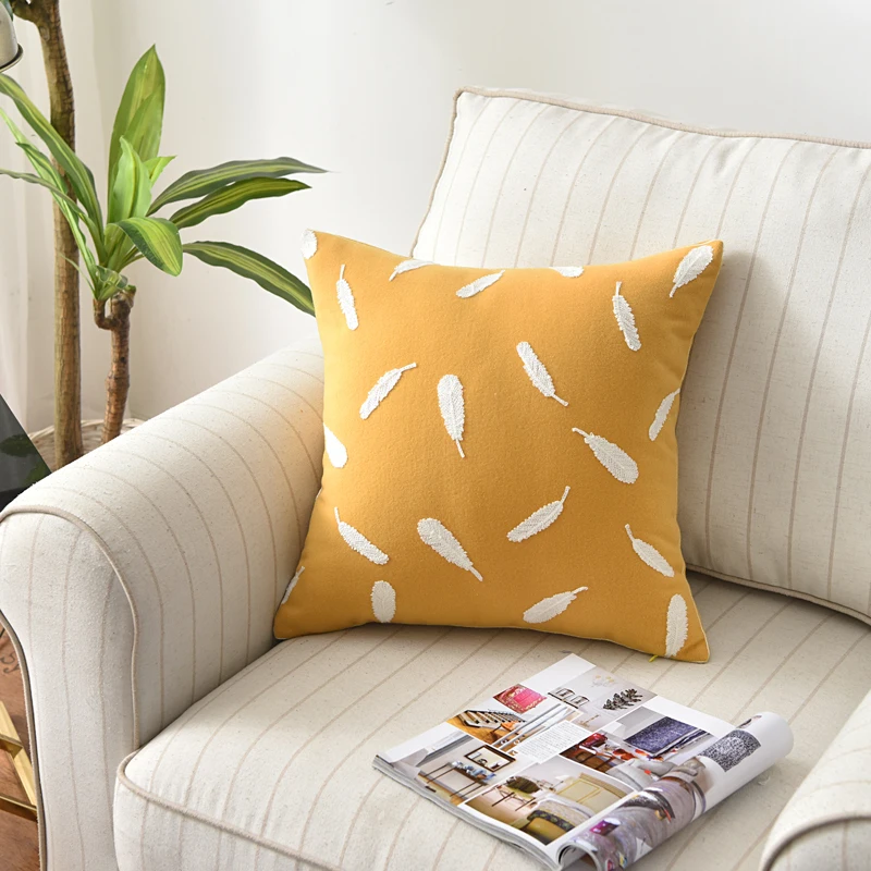1PC 17.71x17.71 inch Retro American Style Feather Embroidery Cushion Cover Yellow Decorative Pillow Case Sofa Chair Seat Coussin