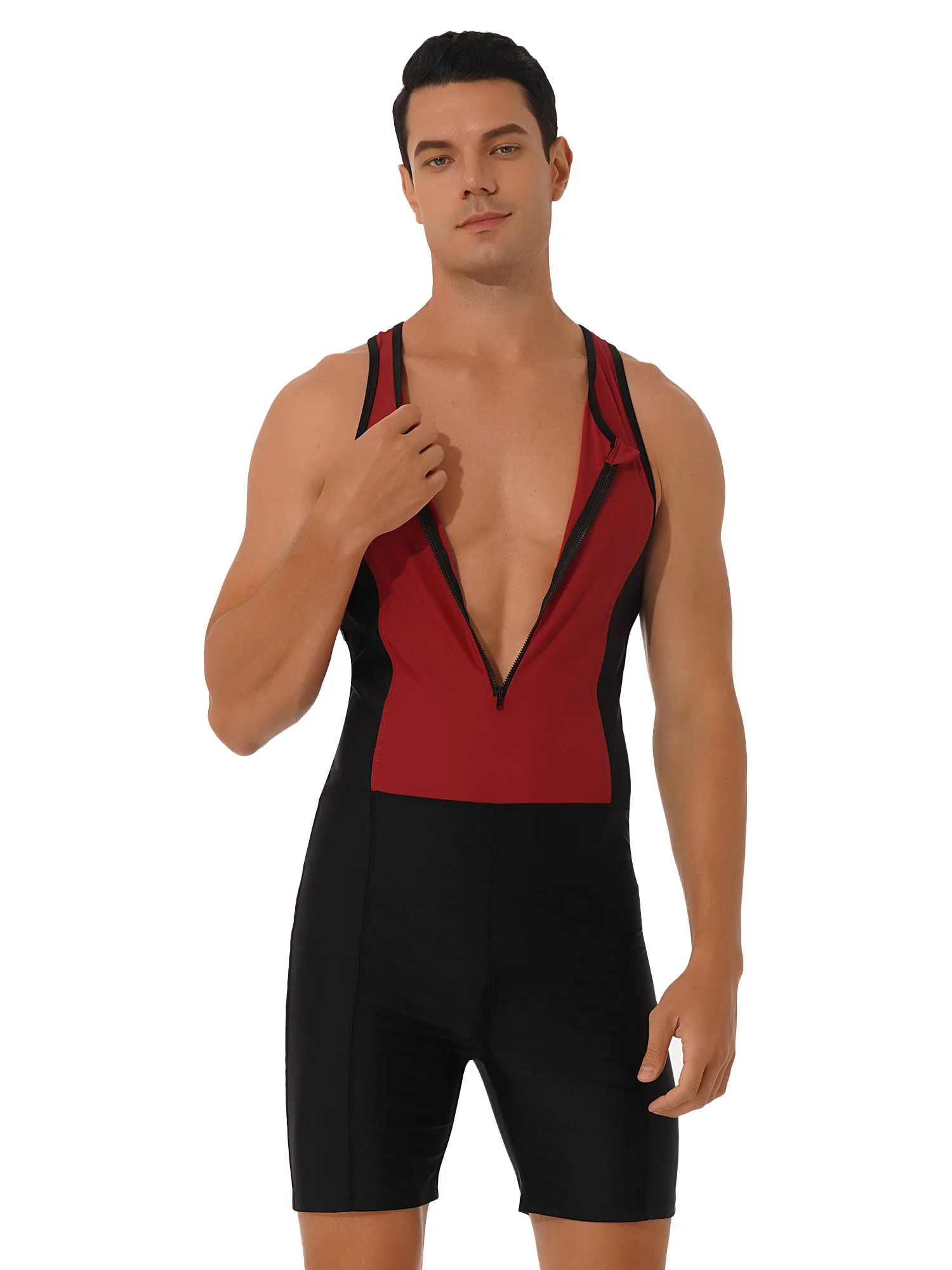 Mens Triathlon Wetsuit Swimsuit Round Neck Front Zipper Closure Racer Back Shorts Jumpsuit Bodysuit Swimming Bathing Suit