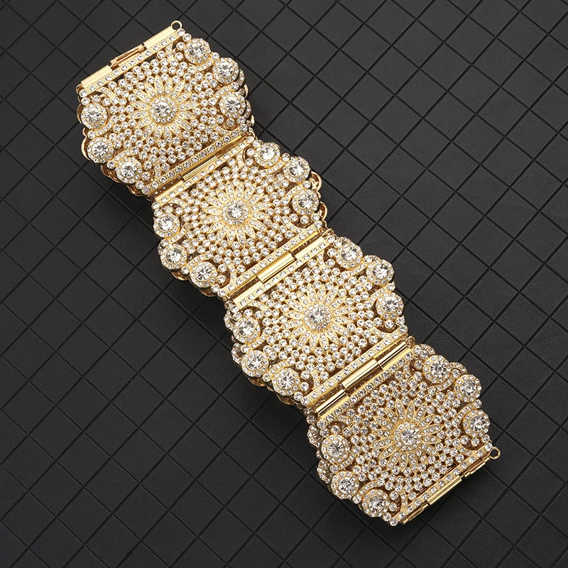 Luxurious Aristocratic Gold Color Wedding Dress Belt With All-Rhinestone Sparkling Moroccan Metal Belt