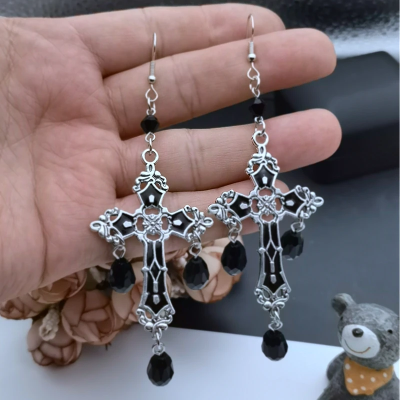 

Black Cross Garnet and Crystal Chandelier Earrings Goth Large Trad Gothic Statement Jewelry Rock Gorgeous Fashion Women Gift