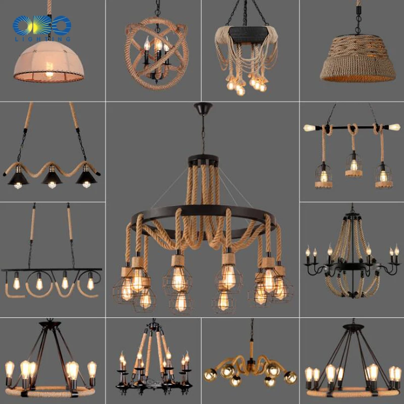 Vintage Hemp Rope Pendant Lamp Iron Lampshade Shop/Coffee House Bar Indoor Lightings E27 Industrial Style Chain Pendant Lights