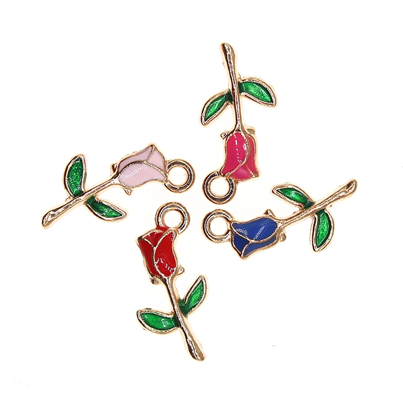 10pcs/lot 9*18mm Cute Flowers Enamel Blue Rose Charm Pendant For Earrings Necklace Bracelet DIY Jewelry Making Findings XL1082