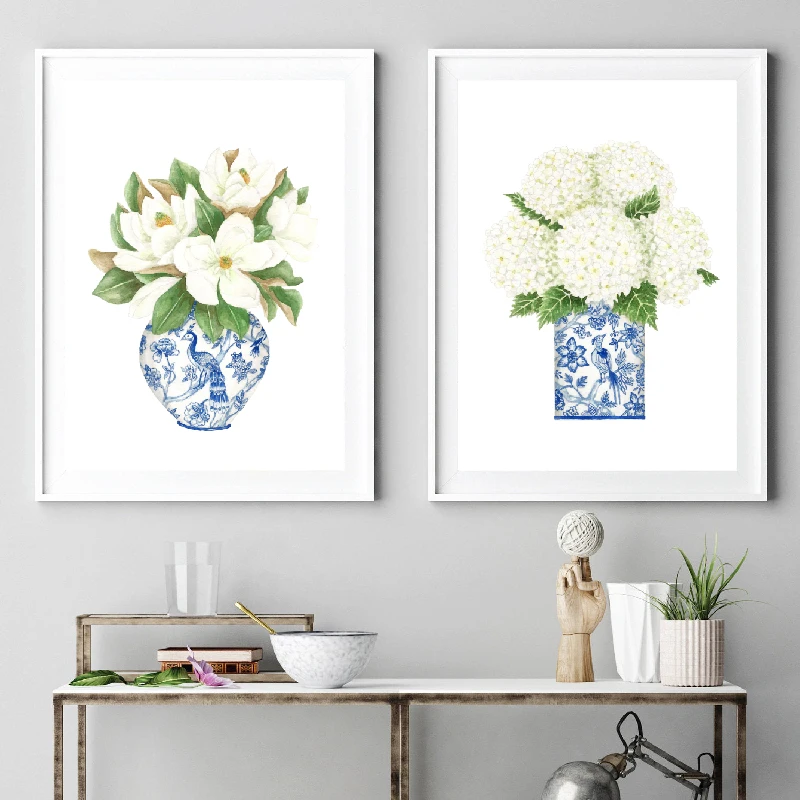 Blue and White China Magnolia Hydrangea Prints Chinoiserie Art Canvas Painting Gallery Wall Art Picture Poster Trendy Wall Decor