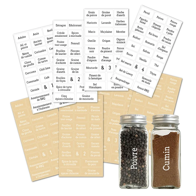 8 Sheets French Spice Jar Labels English Transparent Waterproof Pantry Stickers Food Tank Condiments Marks Kitchen Storage