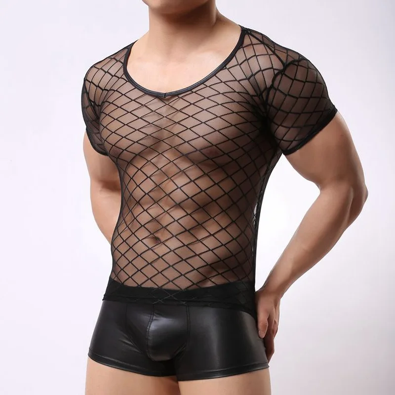 Sexy homens undershirts xadrez malha transparente manga curta camisas gay lenceria exótico clubwear masculino pijamas