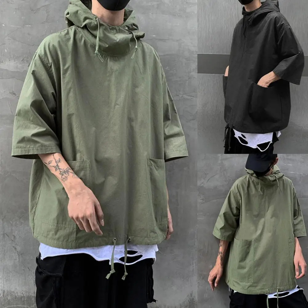 Dropshipping!! New Men\'s Pullover Hooded Half Sleeve Top Soft Big Pocket Loose T-shirt for Everyday