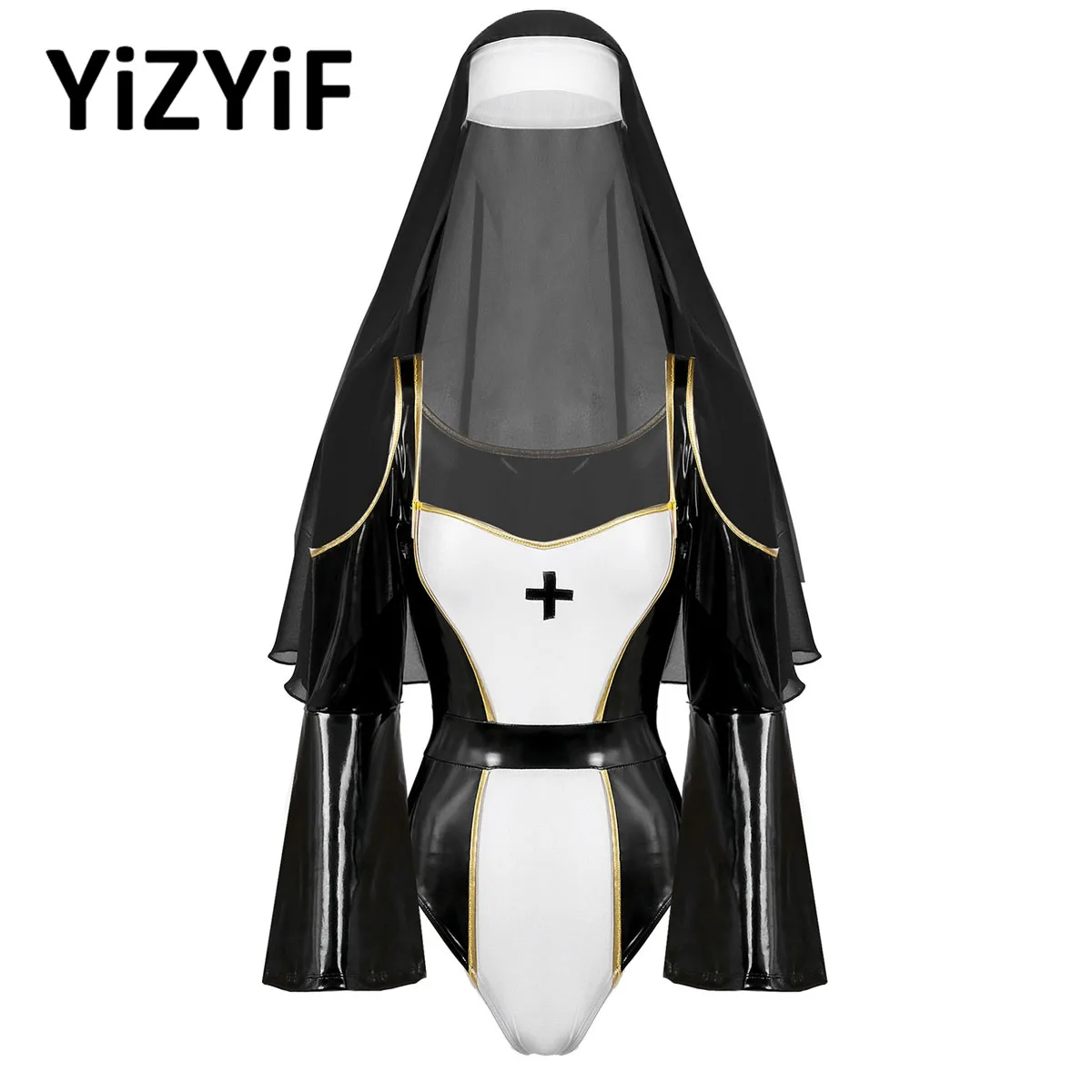 Sexy Nun Costume Women Patent Leather Bad Naughty Nun Roleplay Fancy Dress Outfit Religious Sister Bodysuit Lingerie Suit