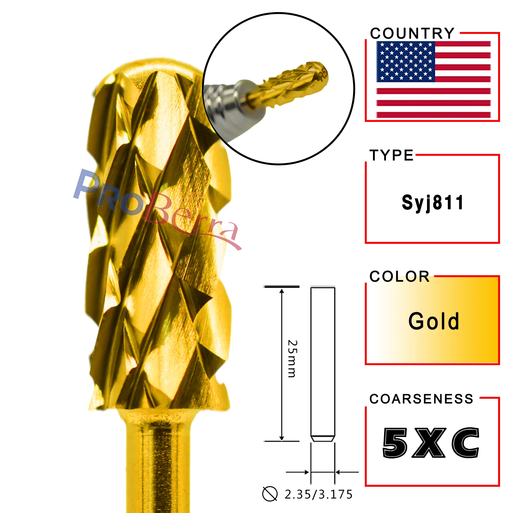 RolinStar 5.35 Small Round Top barrel Gold Carbide Manicure Nail drill bit File Accessories 8 different