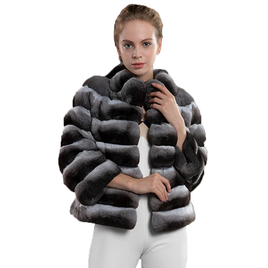 

CNEGOVIK Real Rex Rabbit Fur Jacket Warm Fashion Winter Classic Chinchilla Color Cropped Stand Collar Fur Coat