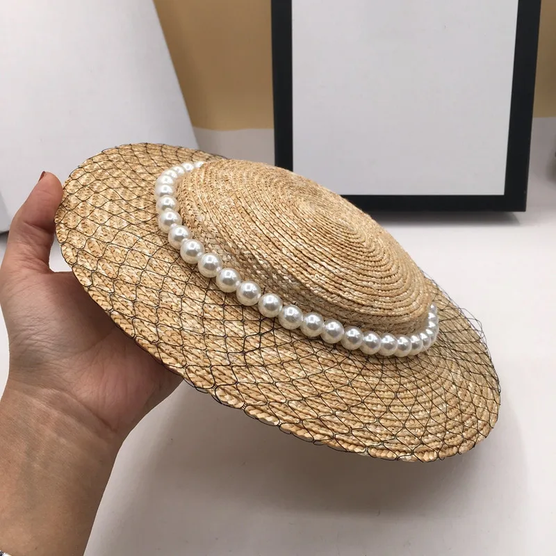 Sombreros de paja con decoración de malla de perlas para mujer, sombrilla de playa, sombrero de ala ancha elegante, moda de verano