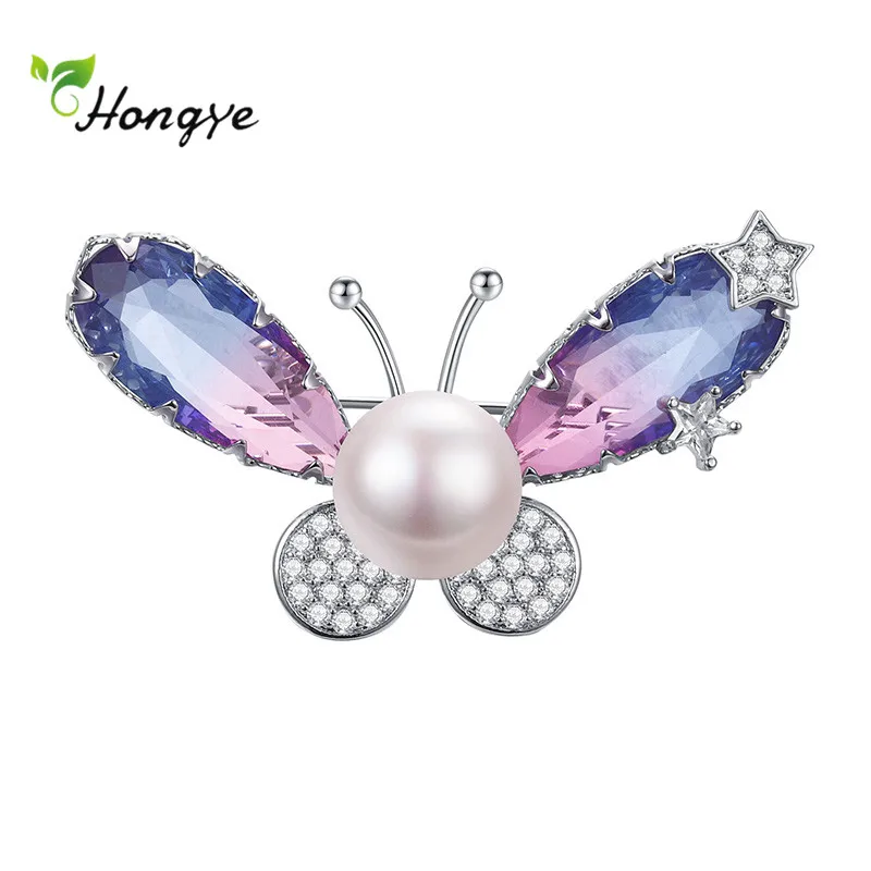 

Hongye New Fashion Butterfly Natural Pearl Female Brooches Zircon 925 Silver Sweater Dress Pins Jewelry Party Wedding Accesso