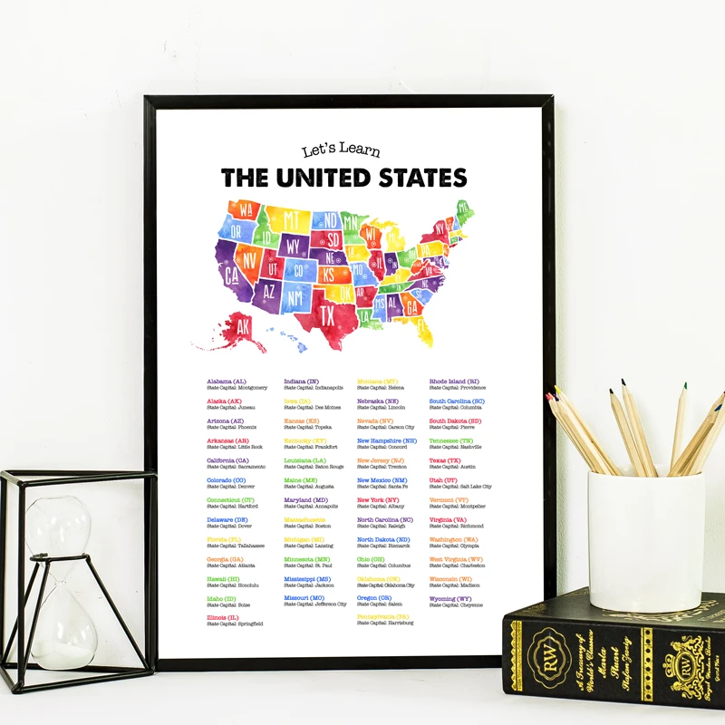 United States Map and Capitals Chart Posters Canvas Painting , America USA Wall Art Prints Educational Wall Pictures Home Decor