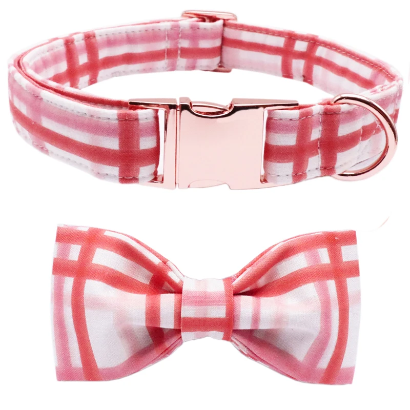 Unique Style Paws Valentines Day Dog Collar with Bow Tie Adjustable Pink Plaid Pet Dog Collar for Large Medium Small Dog