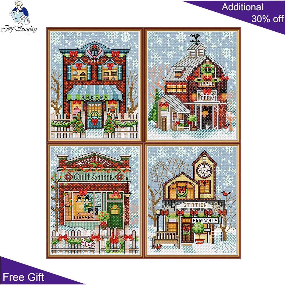 Joy Sunday Christmas Cottage FA111 FA112 FA113 FA114 Counted and Stamped Home Decor Christmas Snow Scene Cross Stitch kits