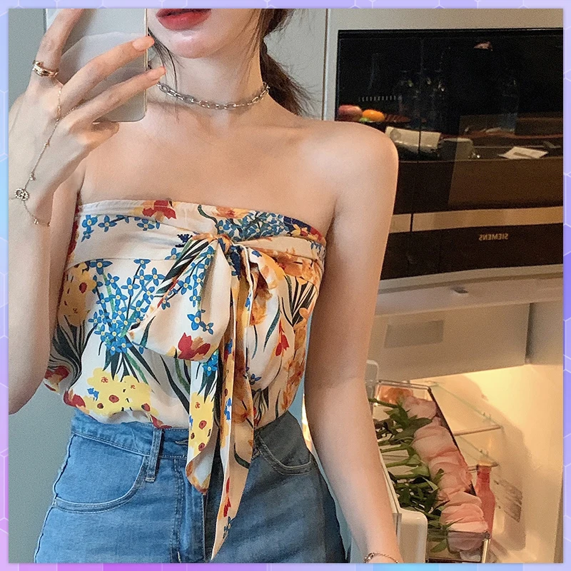 Sexy Crop Tops Floral Tube Top Female Women's Sleeveless Camisole Summer Beach Straps Sexy Backless Outer Wear Inner Vest