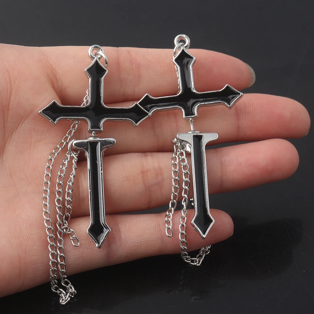 2Pcs Vintage Black Cross Earrings Punk Goth Long Chain Harajuku Streetwear Unisex Stud Earrings For Women Men Korean Jewelry