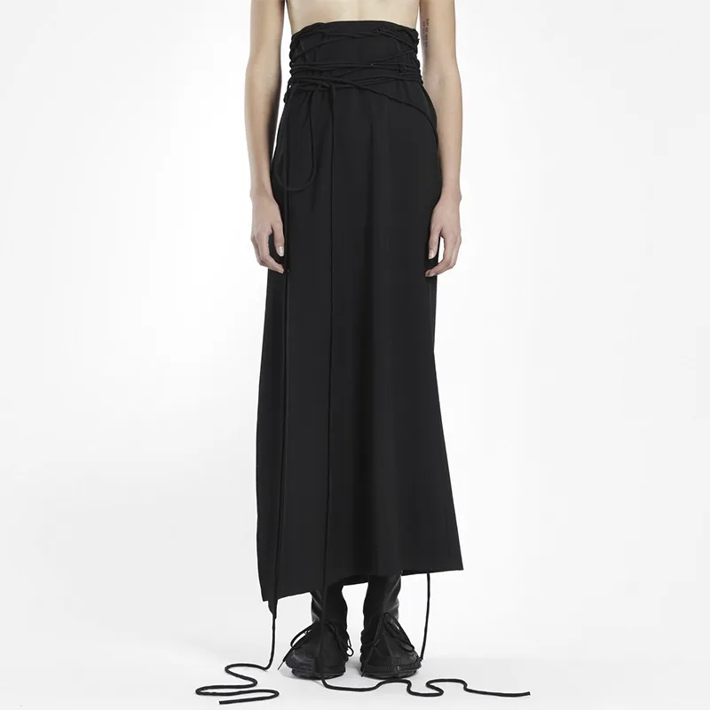 Chinese Style Asymmetric Wide Leg Skirt Simple Trousers with Multiple String Design