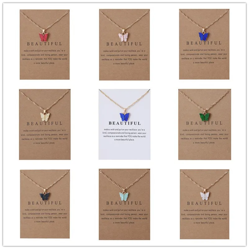 Korean Acrylic Cute Butterfly Pendant Necklace for Women Sweet animal Statement Necklace Jewelry With Gifts Card