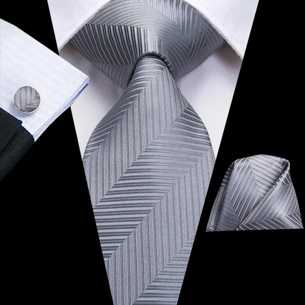 

Silver Gray Striped Silk Wedding Tie For Men Handky Cufflink Mens Necktie Set Fashion Business Party Dropshipping Hi-Tie Design