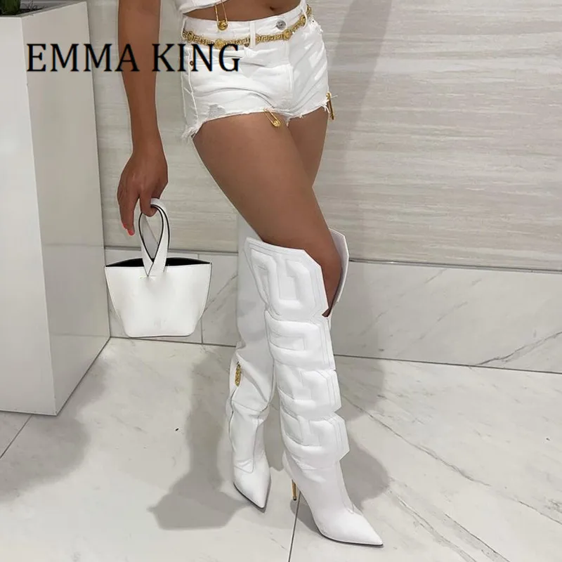 

2021 Autumn Women Over The Knee Boots Stretch Lycra Letter Decor Runway Shoes Sexy Pointed Toe Golden Iron Heels Botas De Mujer