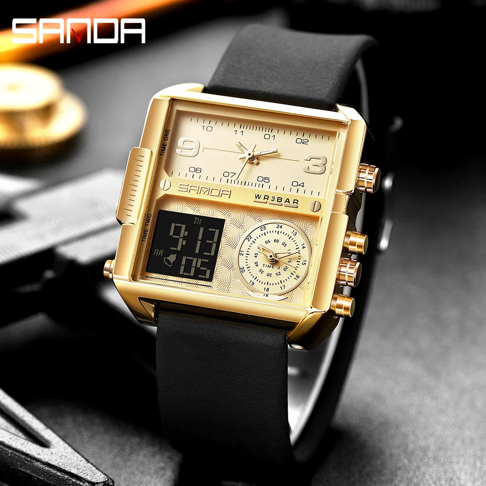 

2021 Sanda Top Brand Men's Sports Watches 3 Time Zone Fashion Military Quartz Watch Led Waterproof Male Clock Relogio Masculino