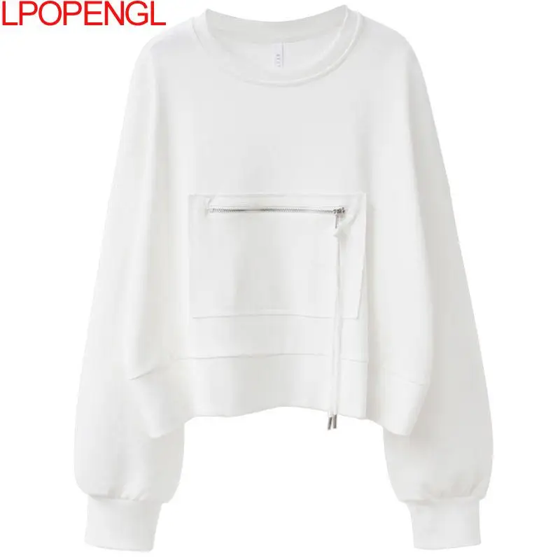 Pullovers Women Sweatshirt Solid Color Zipper Draw String Fashion Casual Ladies Tops Long Sleeve O-neck Streetwear Sweatshirts