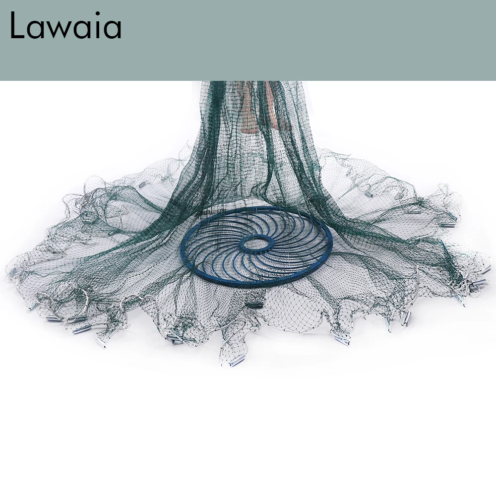 Lawaia Strong Fishing Net Hand Throw Cast Nets for Fishing America Style Green Multifilament Line Durable Fishing Gear Blue Ring