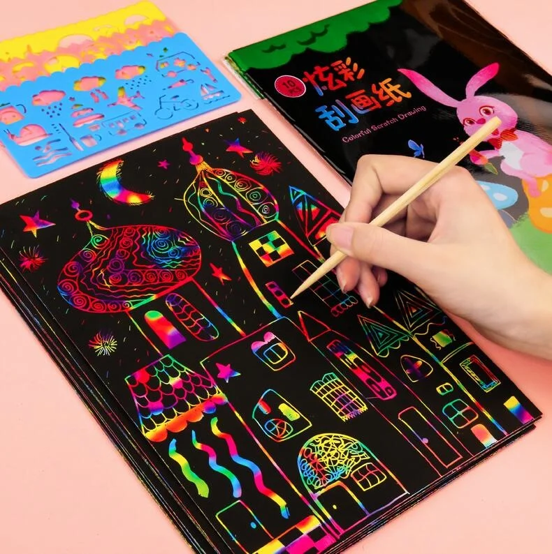 DIY Magic Rainbow Color Scratch Art Paper Card Set With Graffiti Stencil Drawing Board Stick Art Painting Educational Toys Gifts