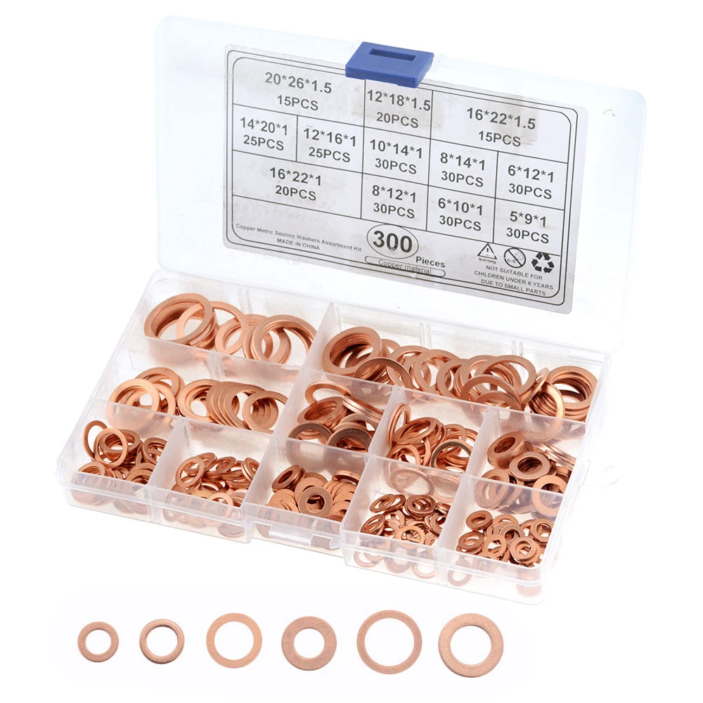 

300PCS/BOX M5-M20 Copper Washer Gasket Nut and Bolt Set Flat Ring Seal Assortment Kit For Sump Plugs Water M6 M8 M10 M12 M14 M16