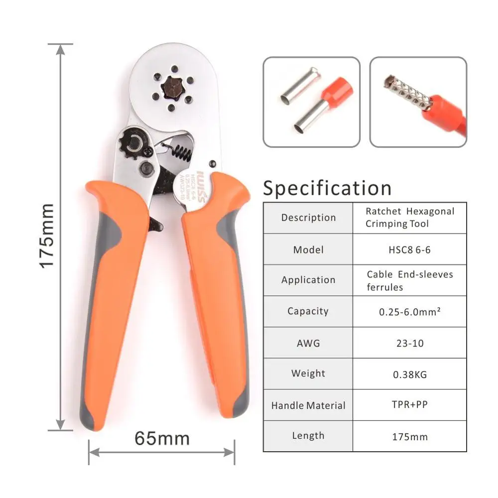 IWISS Hexagonal Crimper Plier HSC8 6-6A Self-adjustable Crimping Tools Used for AWG 23-10 (0.25-6.0mm2) Cable end-sleeves