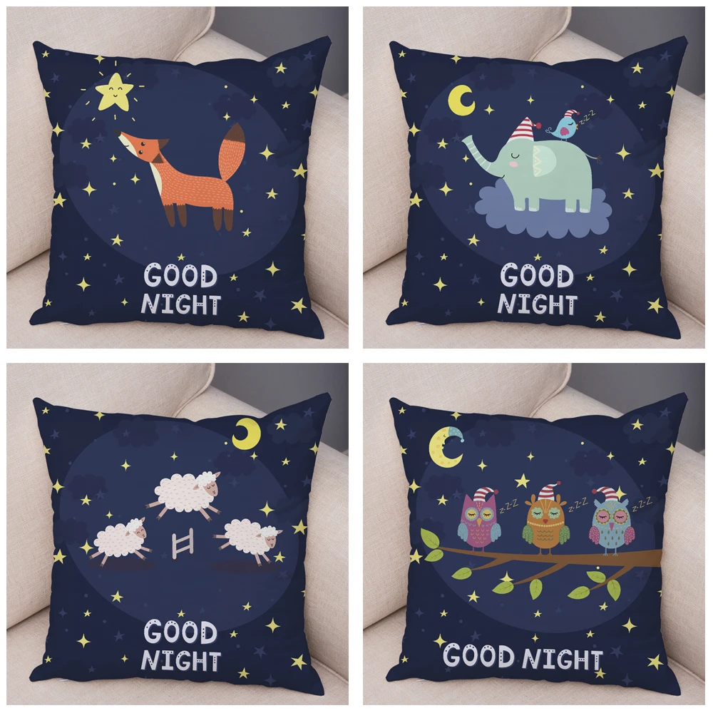 Good Night Lovely Cartoon Animal Cushion Cover for Children Room Sofa Cute Cat Fox Owl Pillowcase Soft Plush Pillow Case 45x45cm