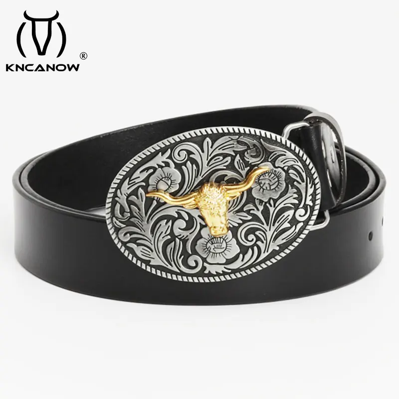 

Cowboy Jeans Genuine Leather Belt 90cm 95cm 100cm 110cm 120cm 130cm Alloy Western Flower Bull Head Buckle Dress Belts For Men