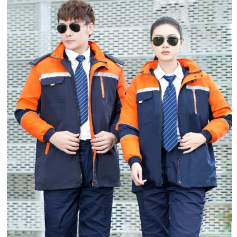 Plus Size men women workwear warm Thick jacket coat auto repairmen mechanical workshop winter contrast color hooded overcoat top