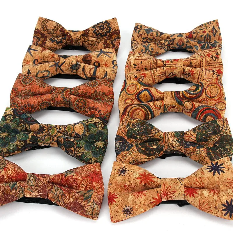 Elegant Men's Vintage Flowe Prints Cork Wooden Bowtie For Man Wedding Casual Plaid Retro Wood Bow Tie Butterfly Accessories