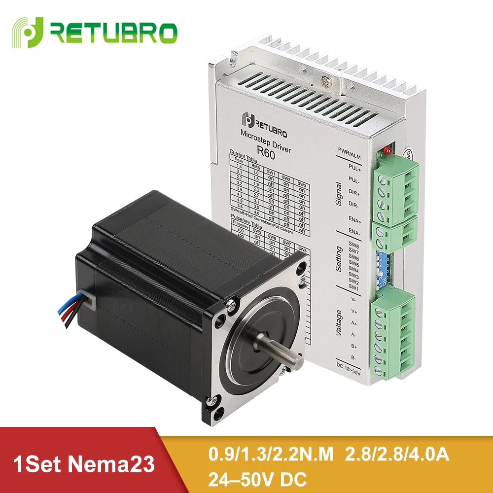 

RETUBRO R60 + 57series Nema 23 1PC Stepper Motor + 1PC Driver 2 Phase 0.9/1.3/2.2NM 6.35/8mm Shaft 4 Wires Micro Stepping Hybrid